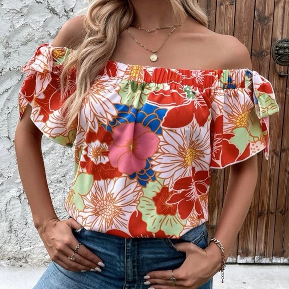 Boho floral print off shoulder blouse - Picture 5 of 6